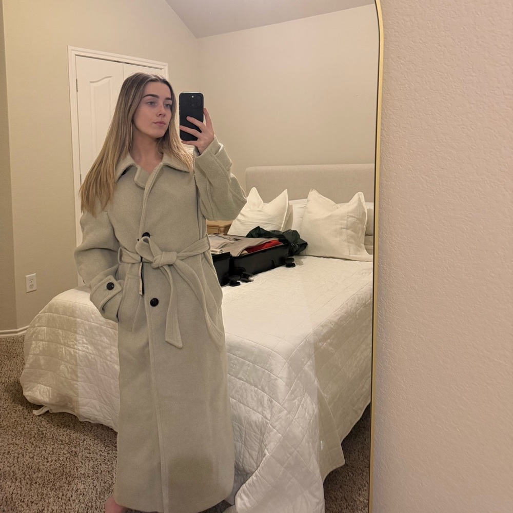 Mango Cream Long Trench Coat with Belt Manteco wool